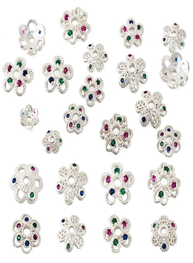 EEE ELECRELIVE Elecrelive 16Pcs Flower Bead Caps Silver Spacer Beads with Cubic Zirconia Stone Flower Cup Shape Bails End Charms for Necklace Bracelet Earring Jewelry Supplies - Image 1